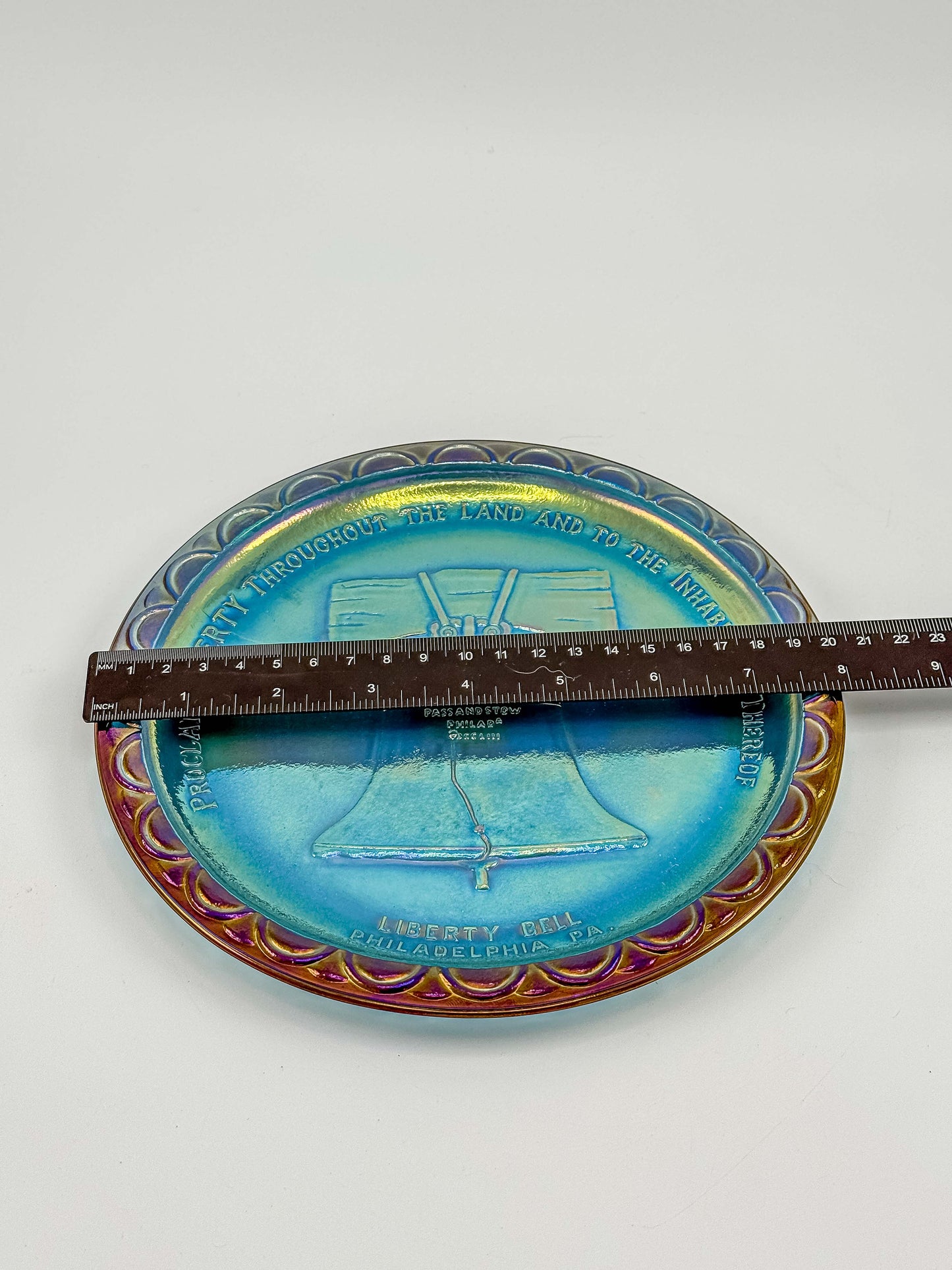Indiana Glass Bicentennial Liberty Bell Plate – Blue Carnival Glass 1976