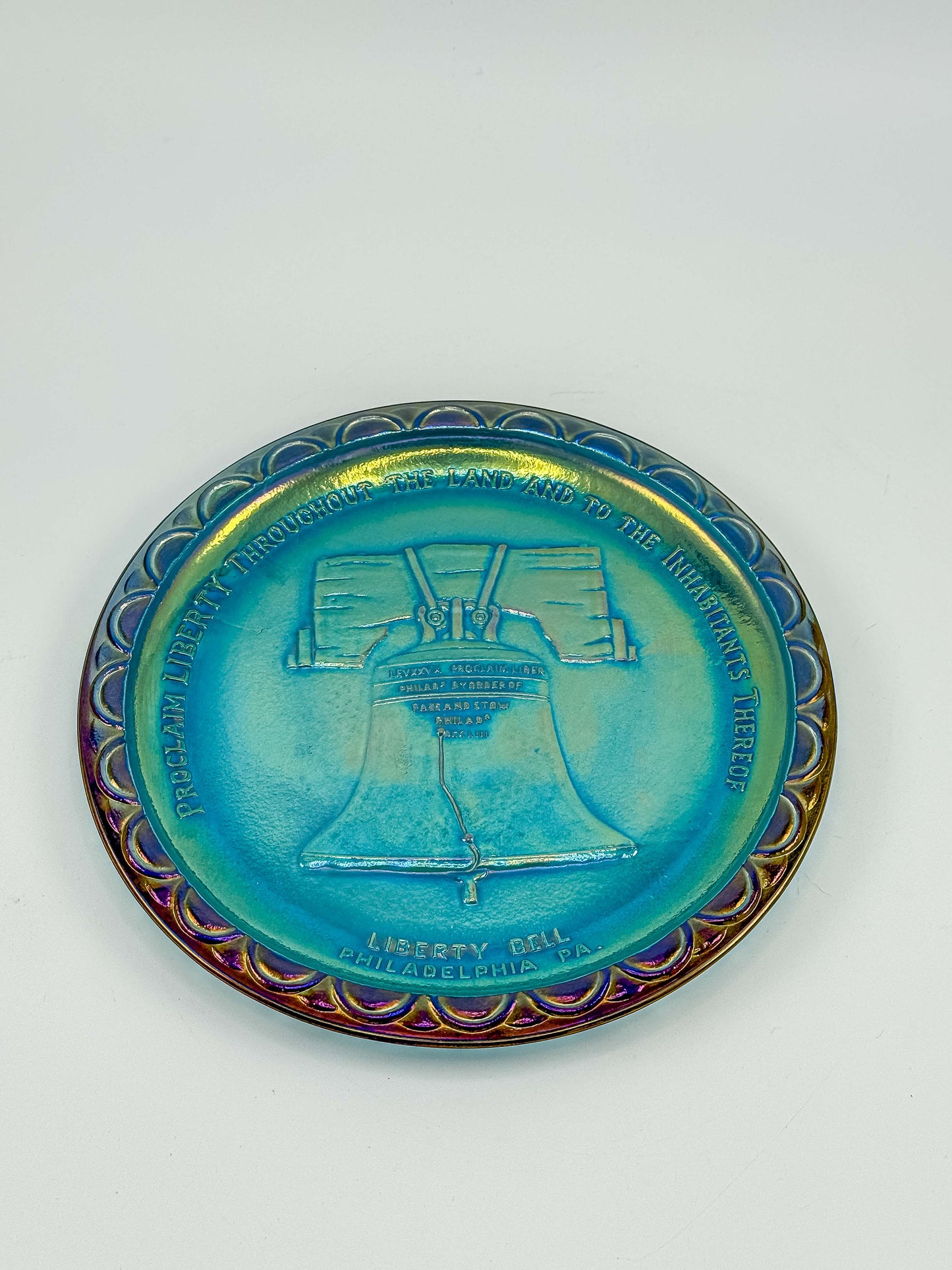 Indiana Glass Bicentennial Liberty Bell Plate – Blue Carnival Glass 1976