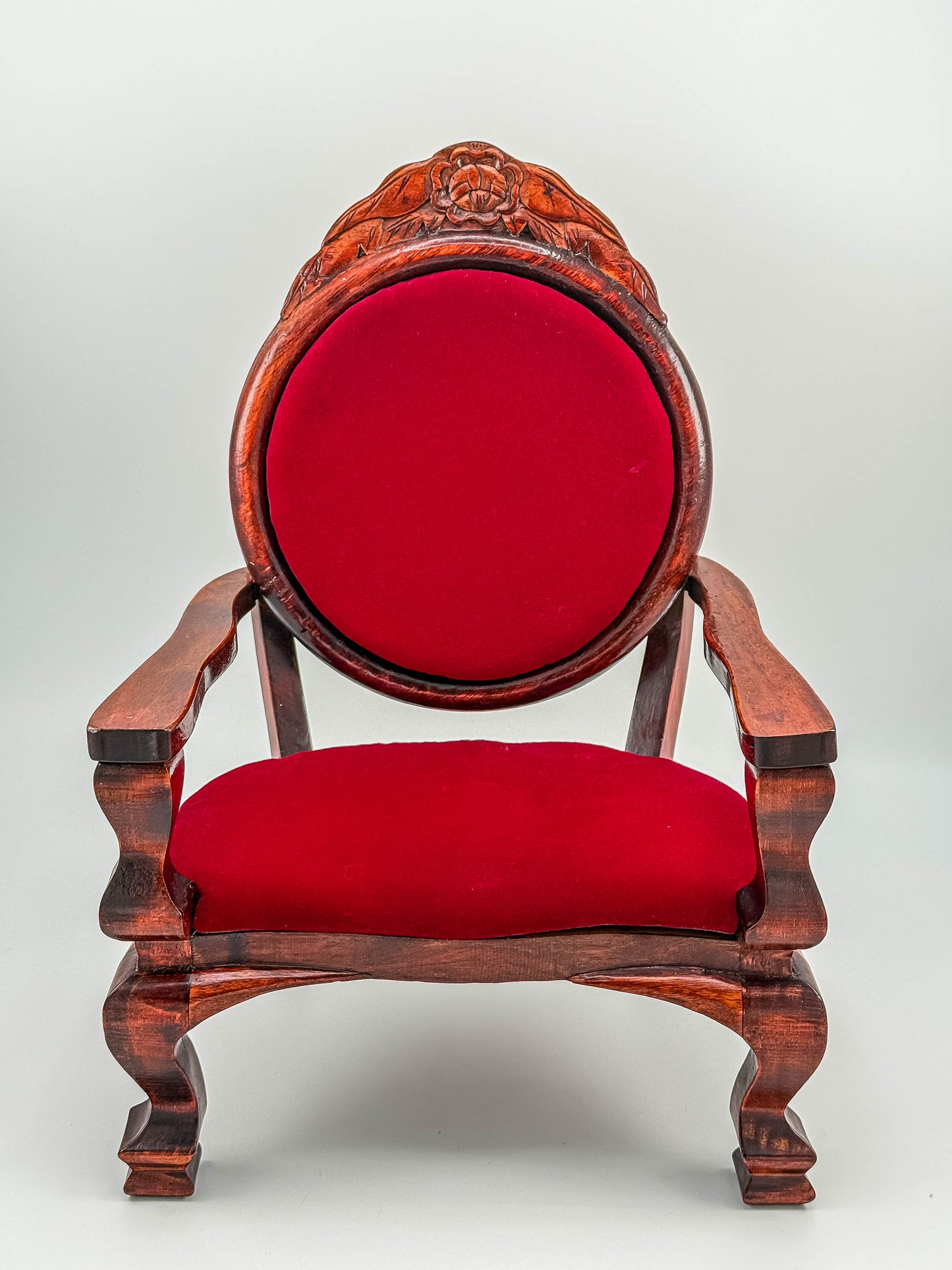 Dollhouse Miniature Wooden Victorian Arm Chair with Red Upholstery