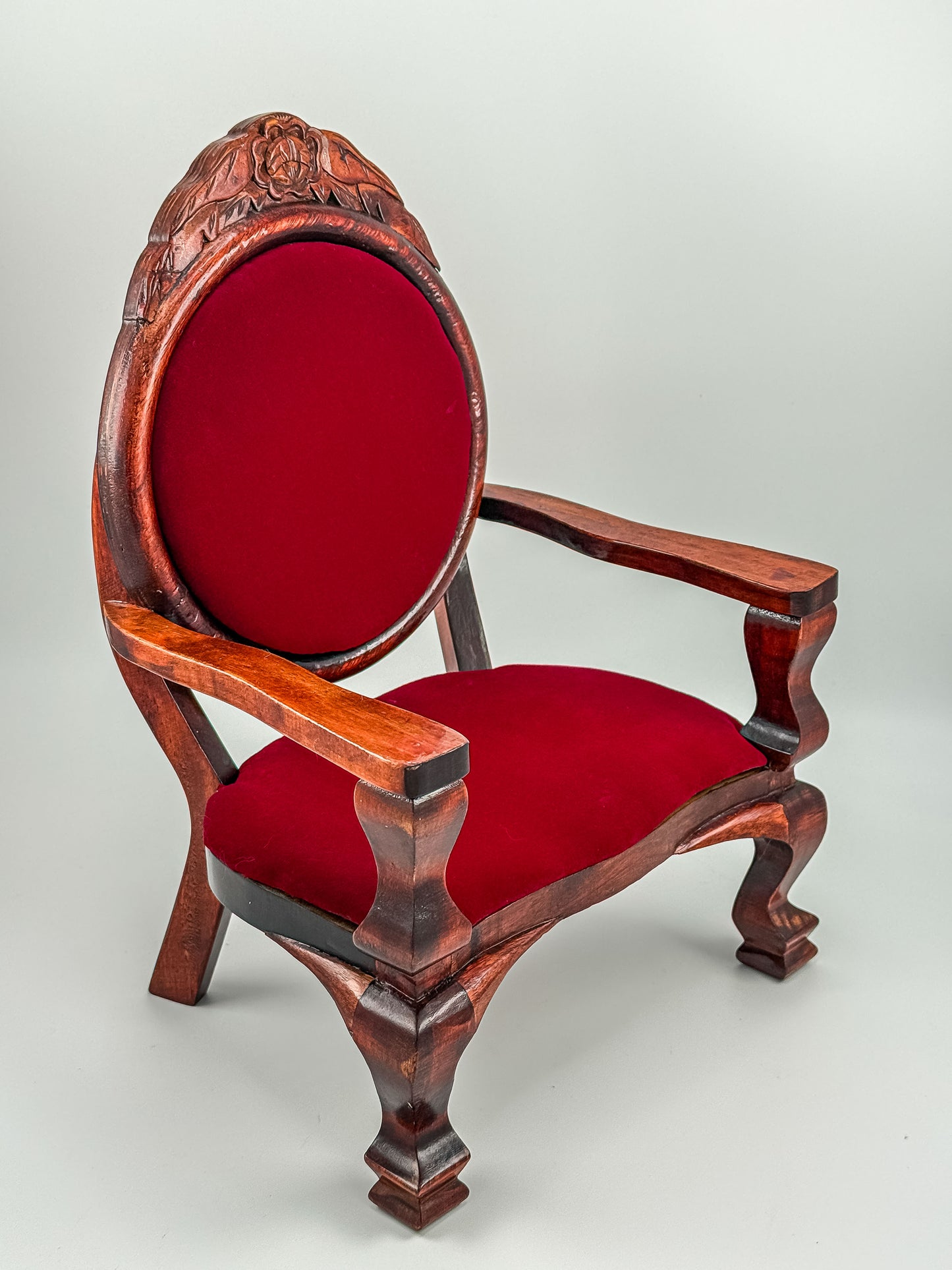 Dollhouse Miniature Wooden Victorian Arm Chair with Red Upholstery