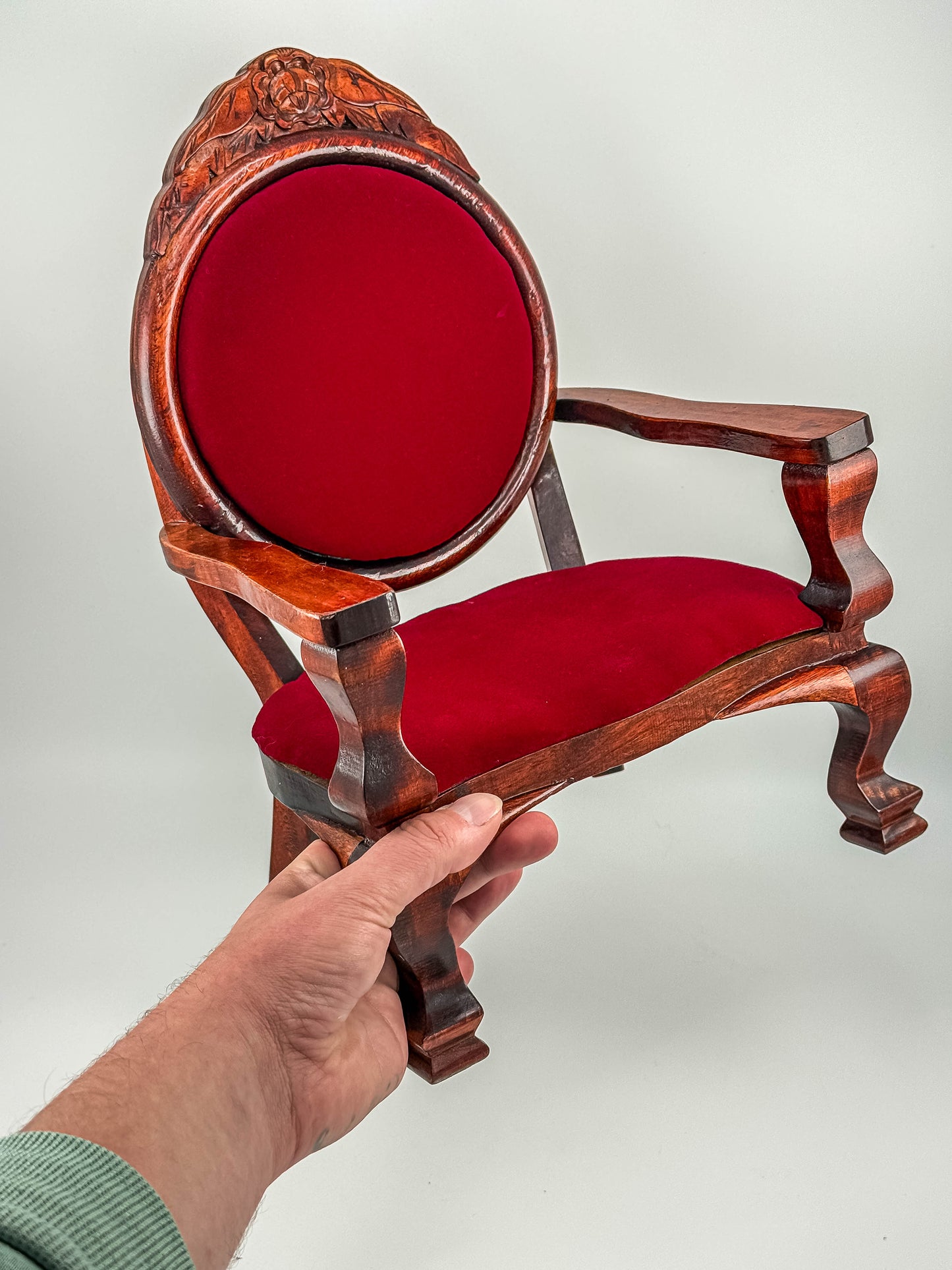 Dollhouse Miniature Wooden Victorian Arm Chair with Red Upholstery