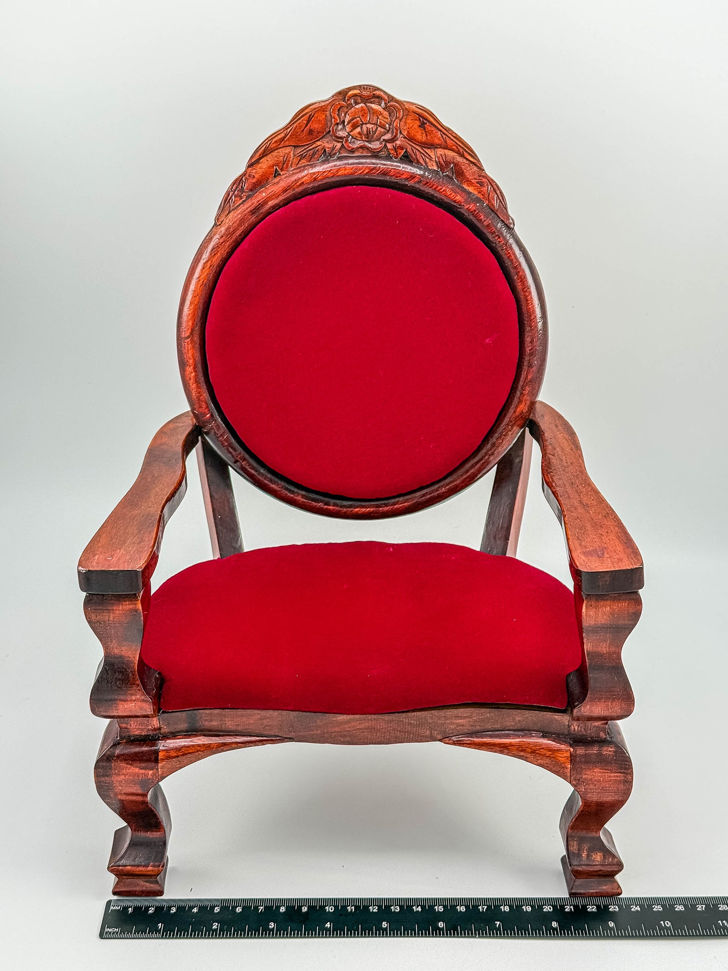 Dollhouse Miniature Wooden Victorian Arm Chair with Red Upholstery