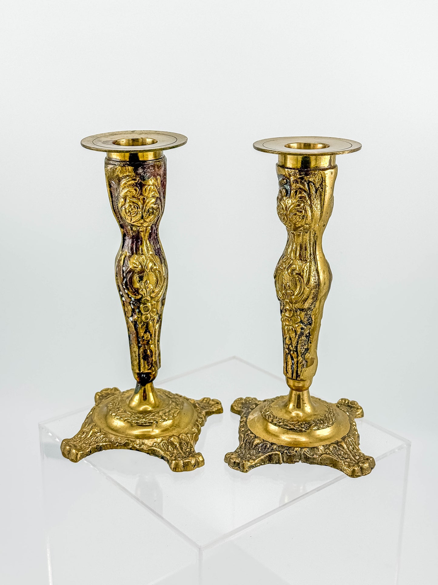 Vintage Brass Candlestick Holders — Ornate Repousse Floral Pair