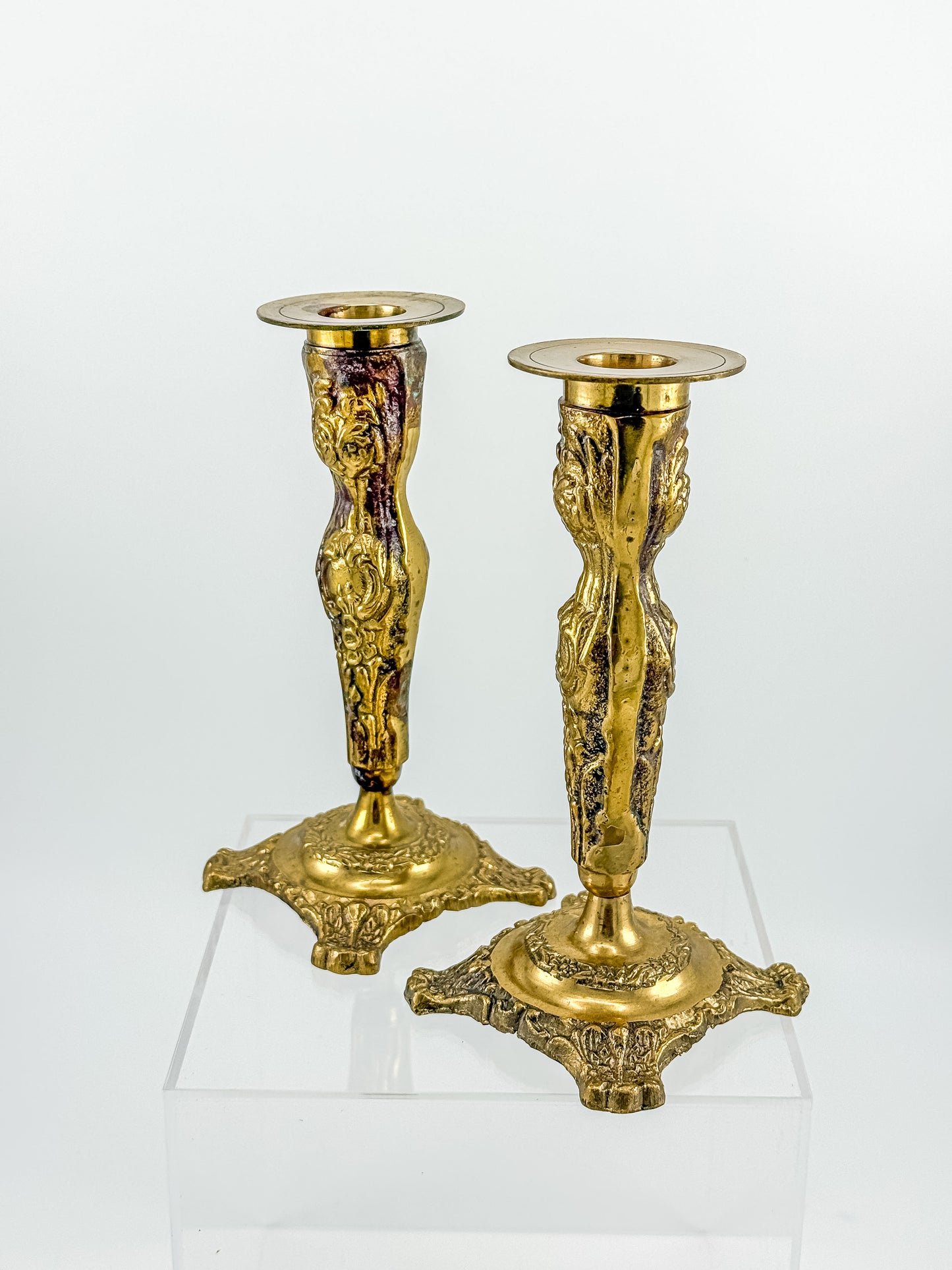 Vintage Brass Candlestick Holders — Ornate Repousse Floral Pair