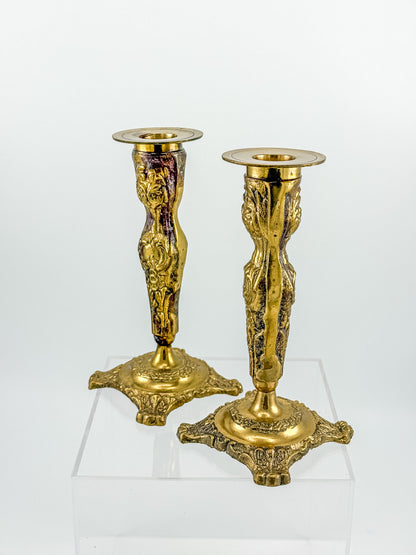 Vintage Brass Candlestick Holders — Ornate Repousse Floral Pair