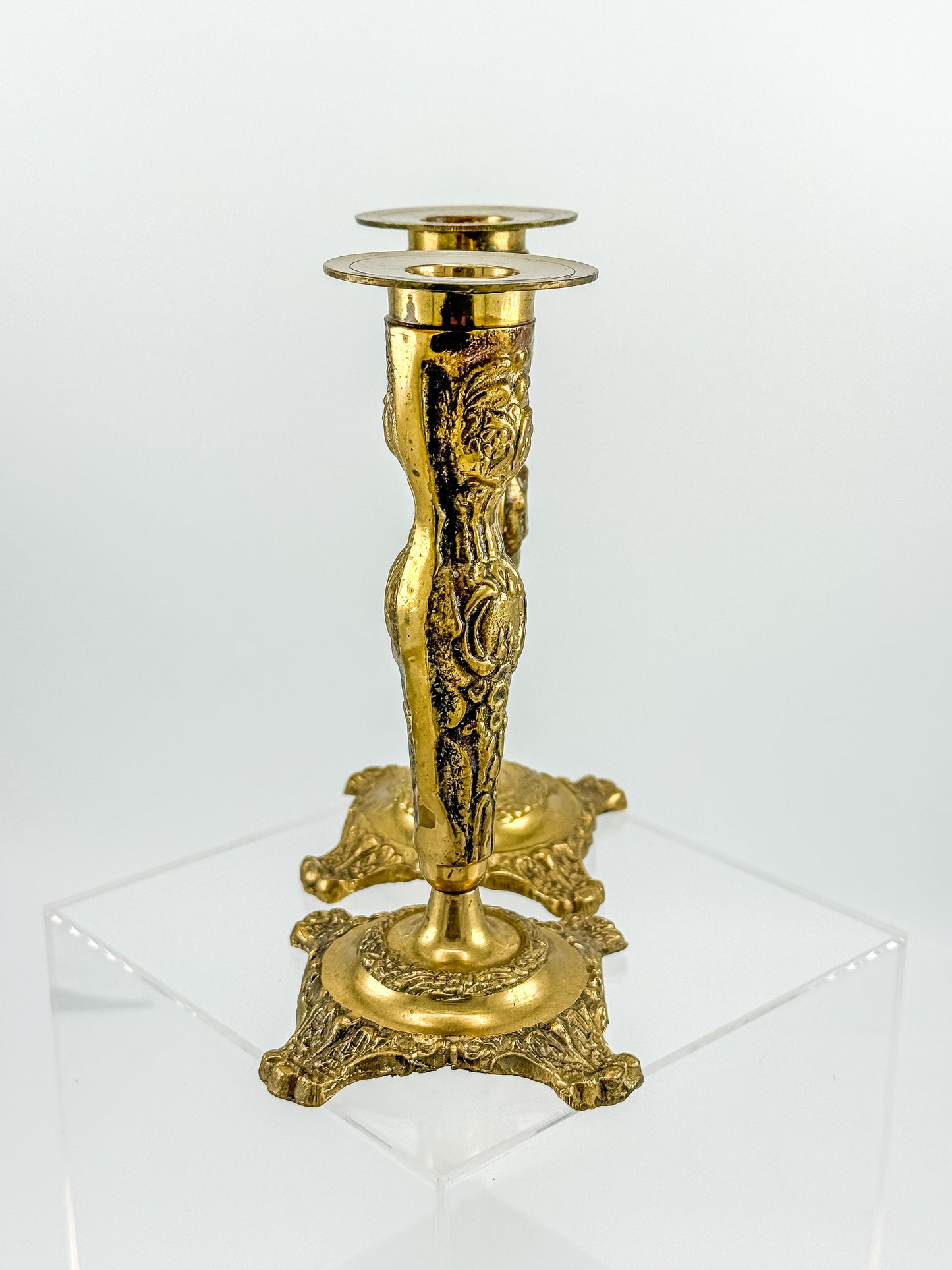 Vintage Brass Candlestick Holders — Ornate Repousse Floral Pair