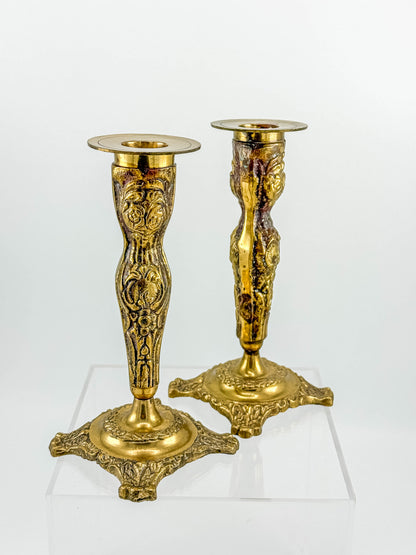 Vintage Brass Candlestick Holders — Ornate Repousse Floral Pair
