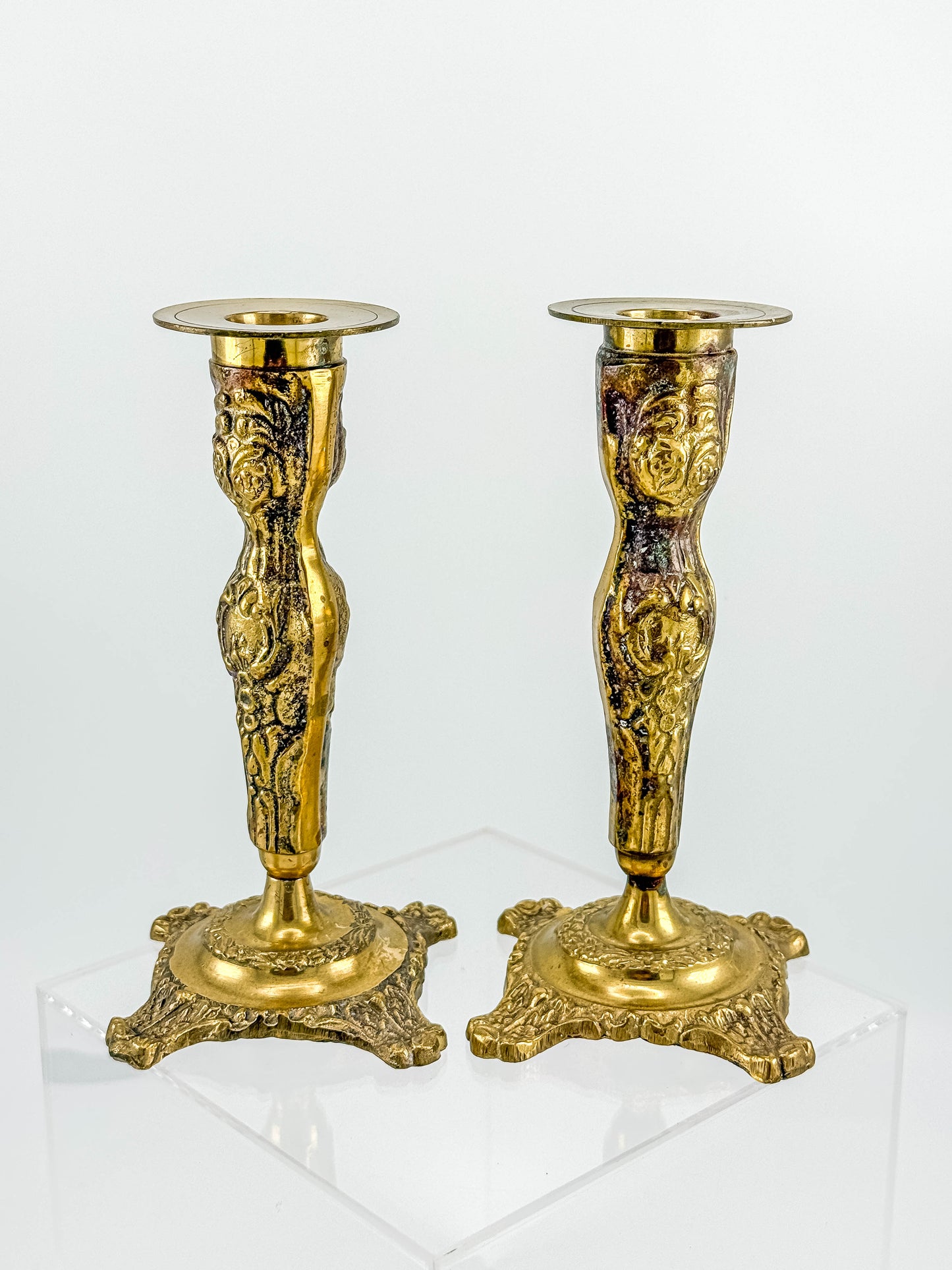 Vintage Brass Candlestick Holders — Ornate Repousse Floral Pair