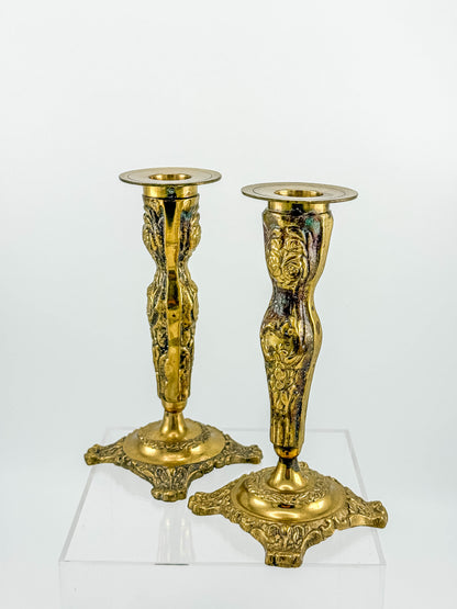 Vintage Brass Candlestick Holders — Ornate Repousse Floral Pair