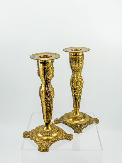 Vintage Brass Candlestick Holders — Ornate Repousse Floral Pair