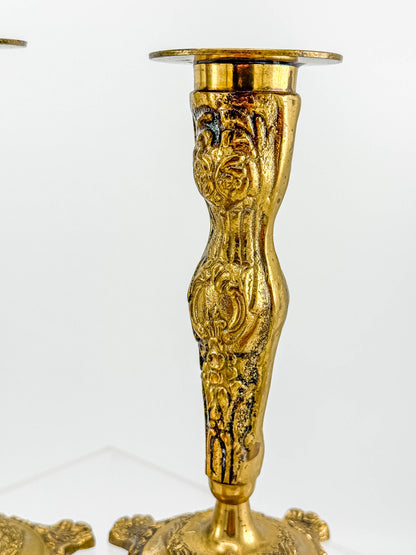 Vintage Brass Candlestick Holders — Ornate Repousse Floral Pair