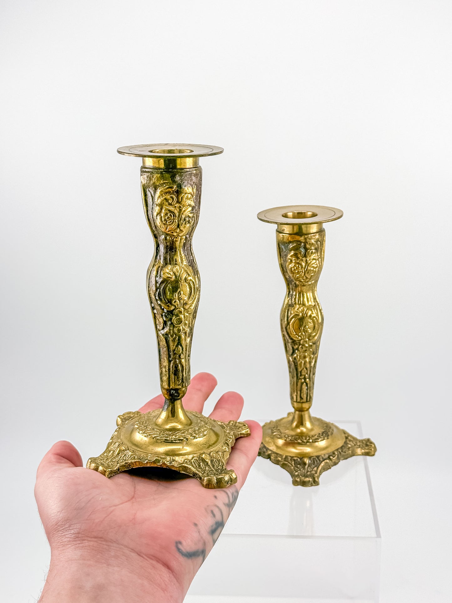Vintage Brass Candlestick Holders — Ornate Repousse Floral Pair