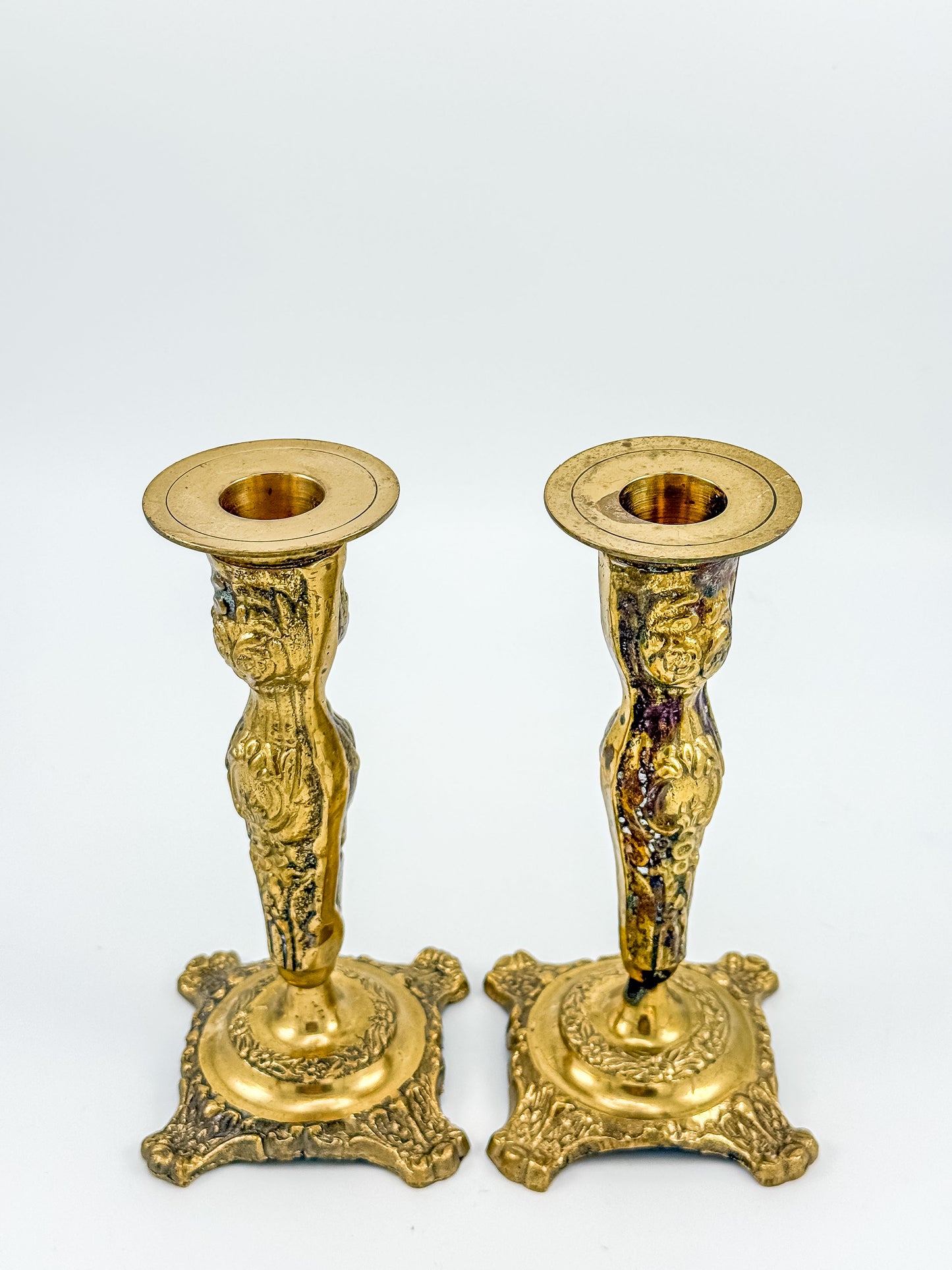 Vintage Brass Candlestick Holders — Ornate Repousse Floral Pair