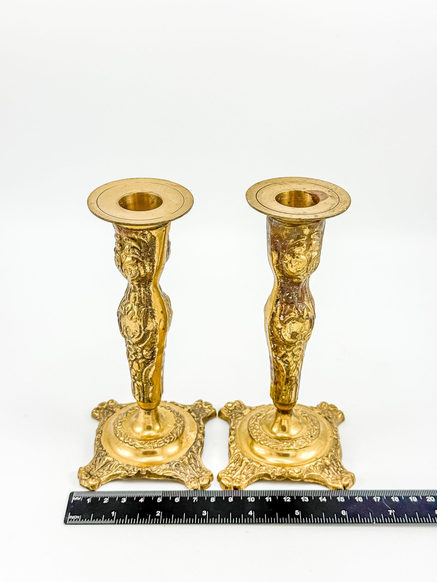 Vintage Brass Candlestick Holders — Ornate Repousse Floral Pair