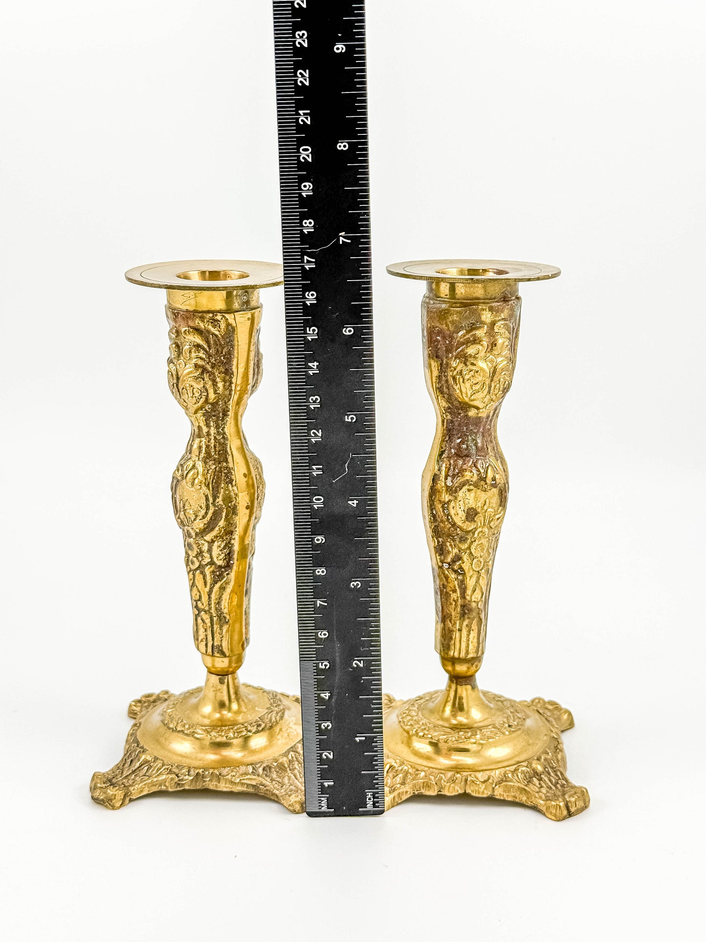 Vintage Brass Candlestick Holders — Ornate Repousse Floral Pair