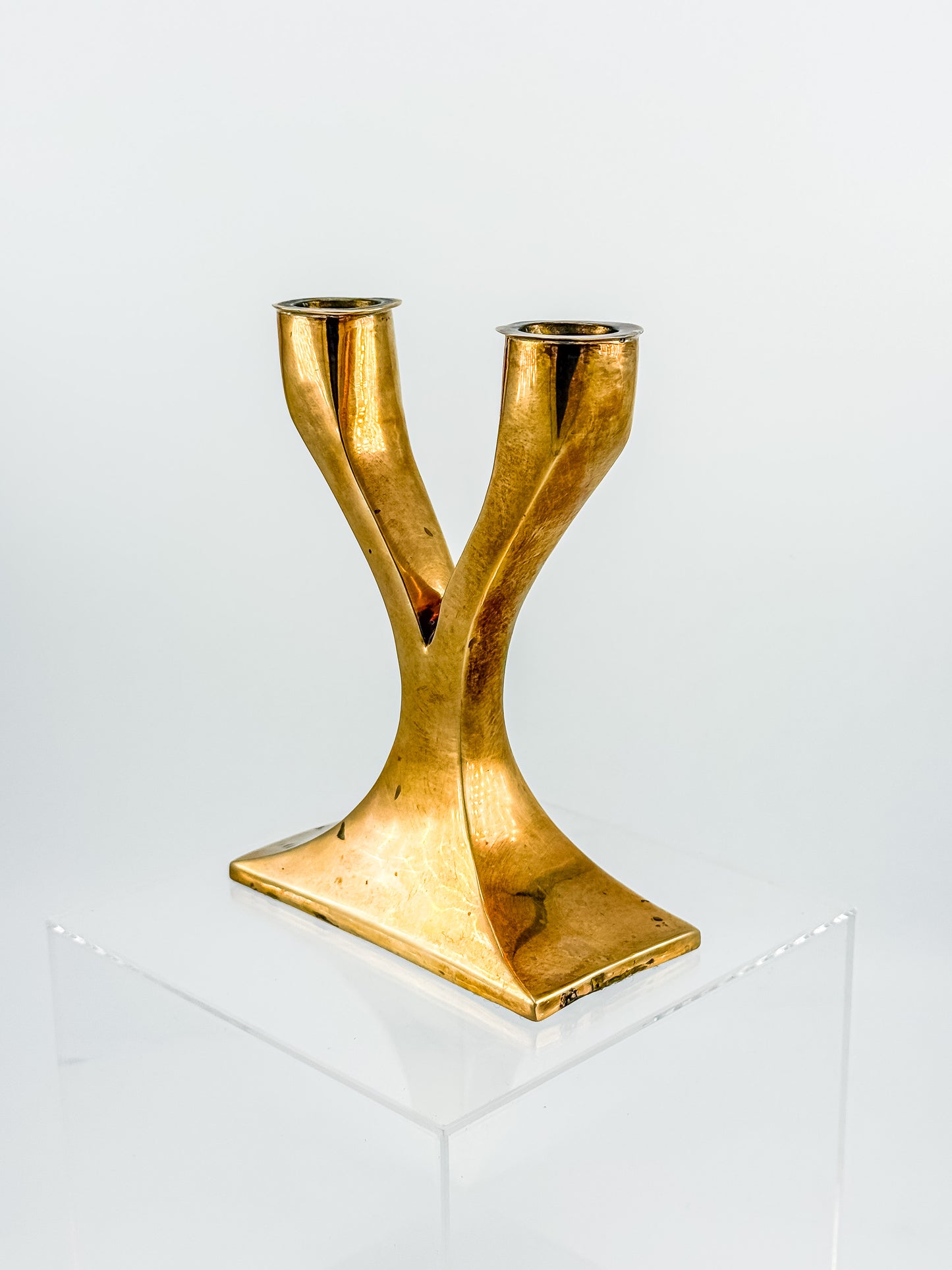 Vintage Brass Double Candelabra — Mid-Century Modern Y-Form Sculptural