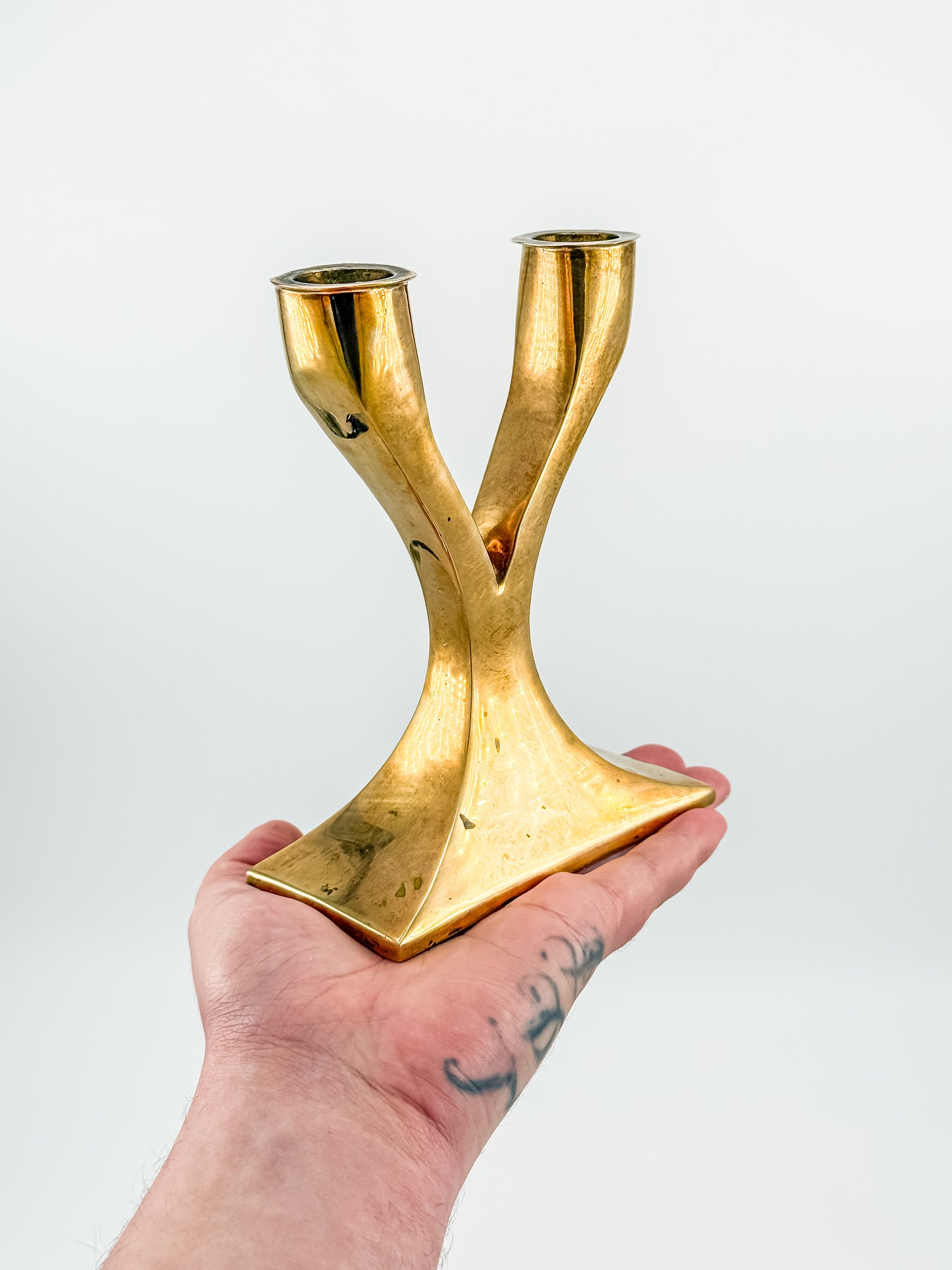 Vintage Brass Double Candelabra — Mid-Century Modern Y-Form Sculptural