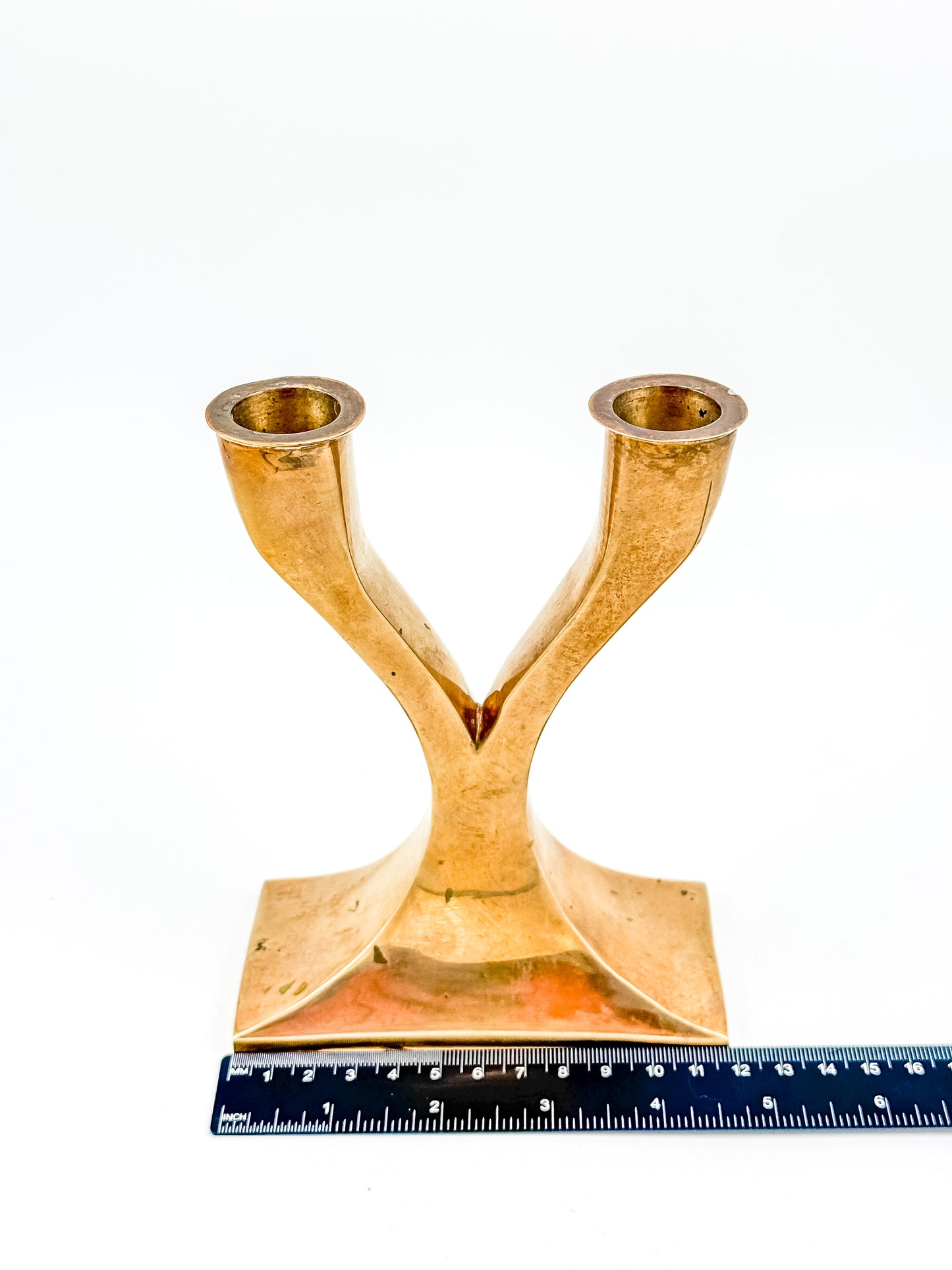 Vintage Brass Double Candelabra — Mid-Century Modern Y-Form Sculptural