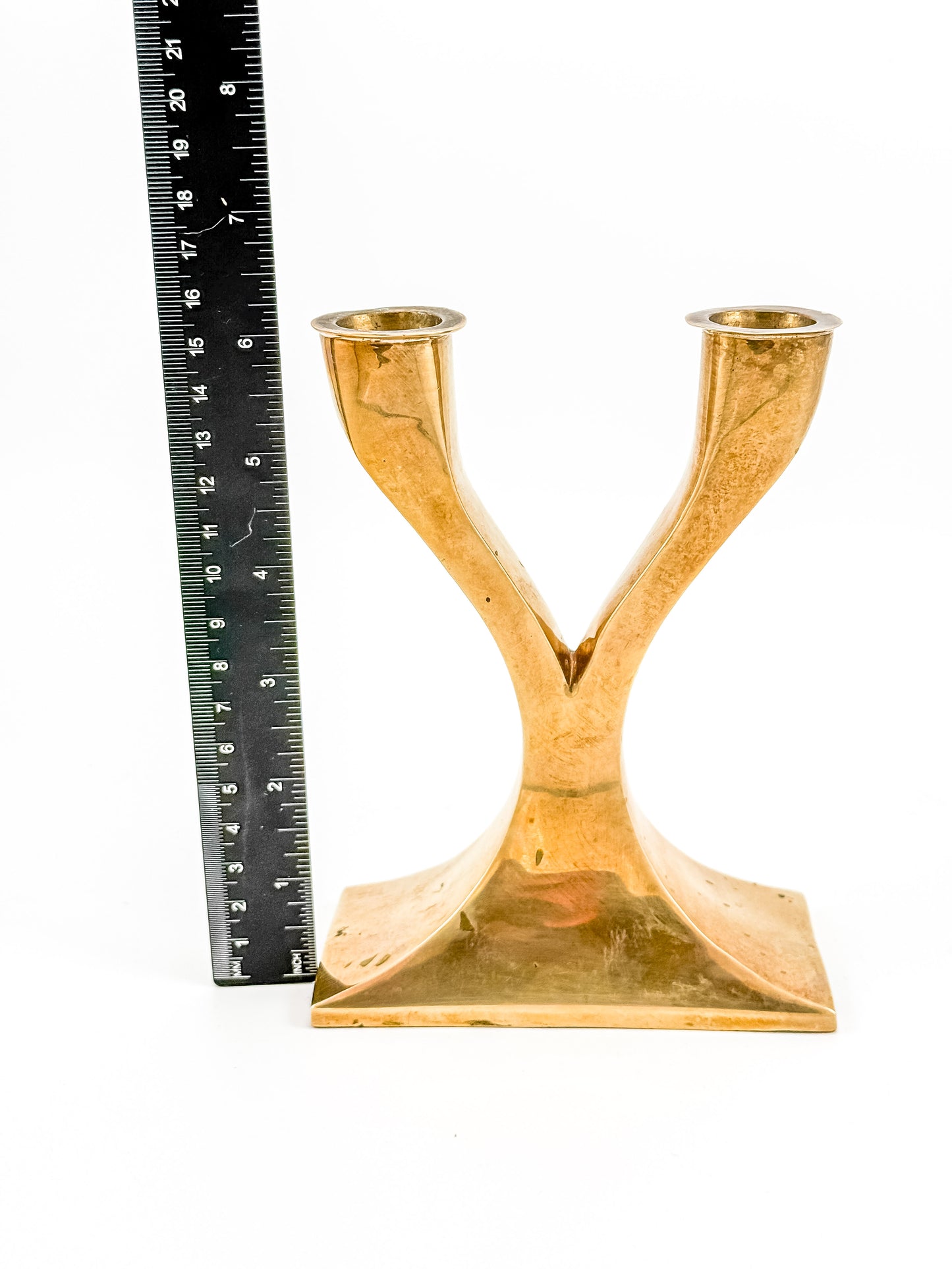 Vintage Brass Double Candelabra — Mid-Century Modern Y-Form Sculptural