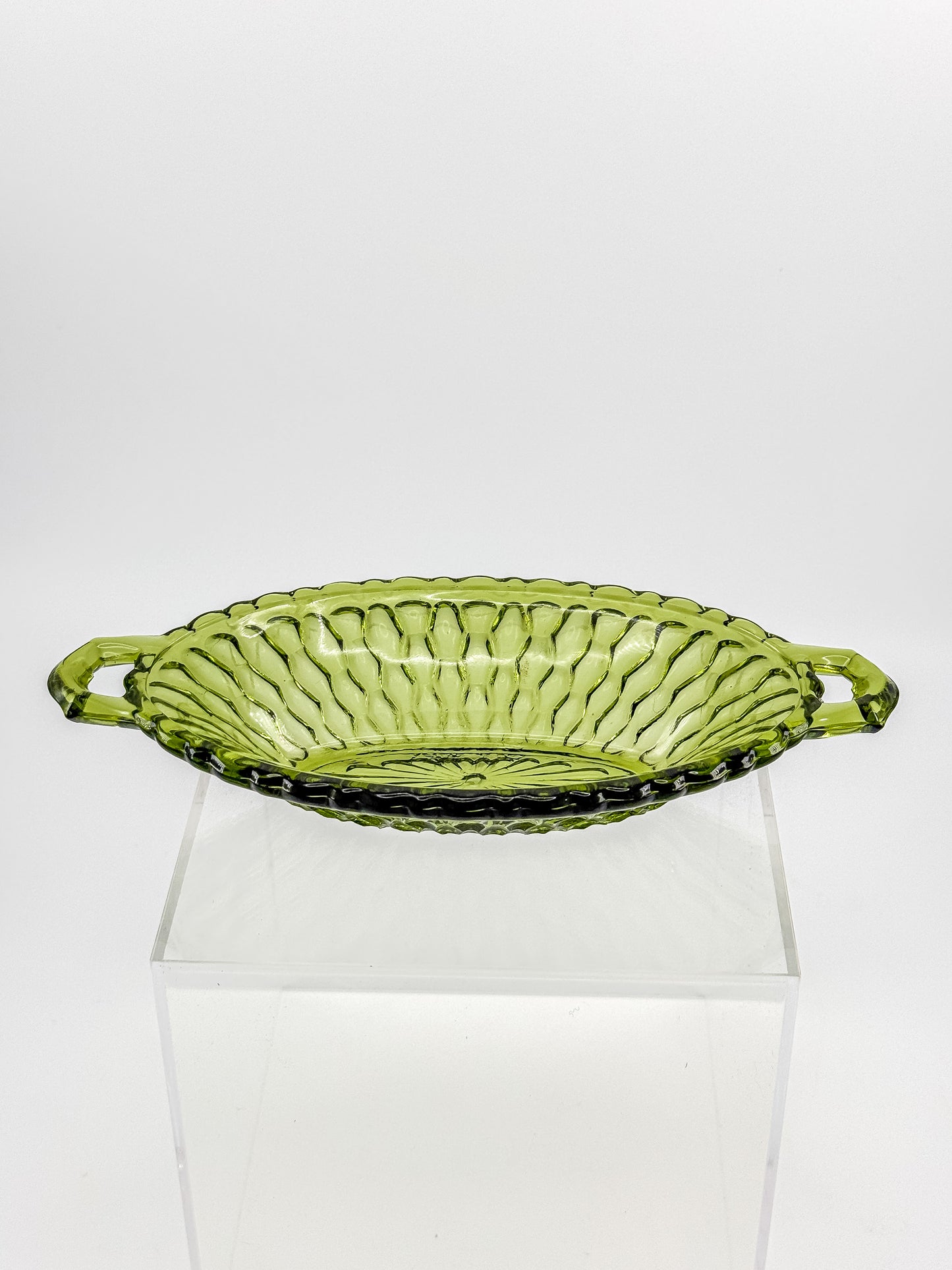 Vintage Indiana Glass Avocado Green Handled Relish Dish — Honeycomb Pattern