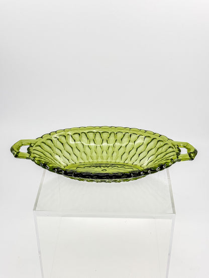 Vintage Indiana Glass Avocado Green Handled Relish Dish — Honeycomb Pattern
