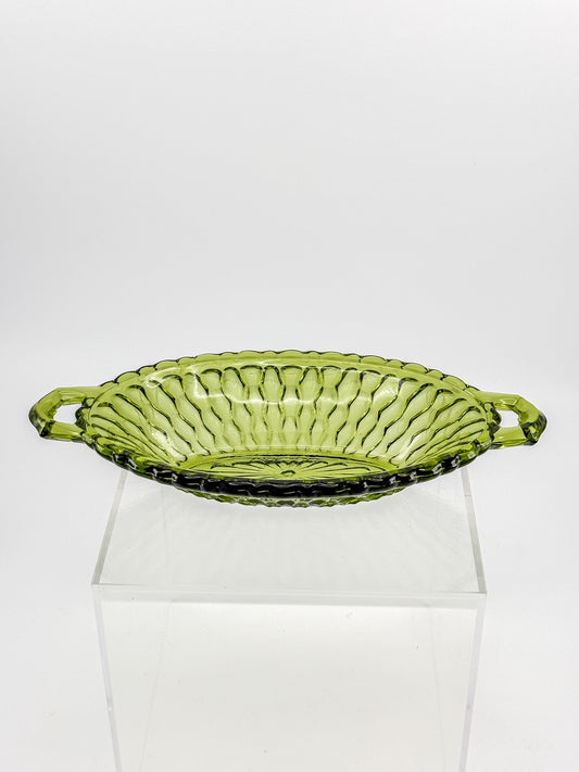 Vintage Indiana Glass Avocado Green Handled Relish Dish — Honeycomb Pattern