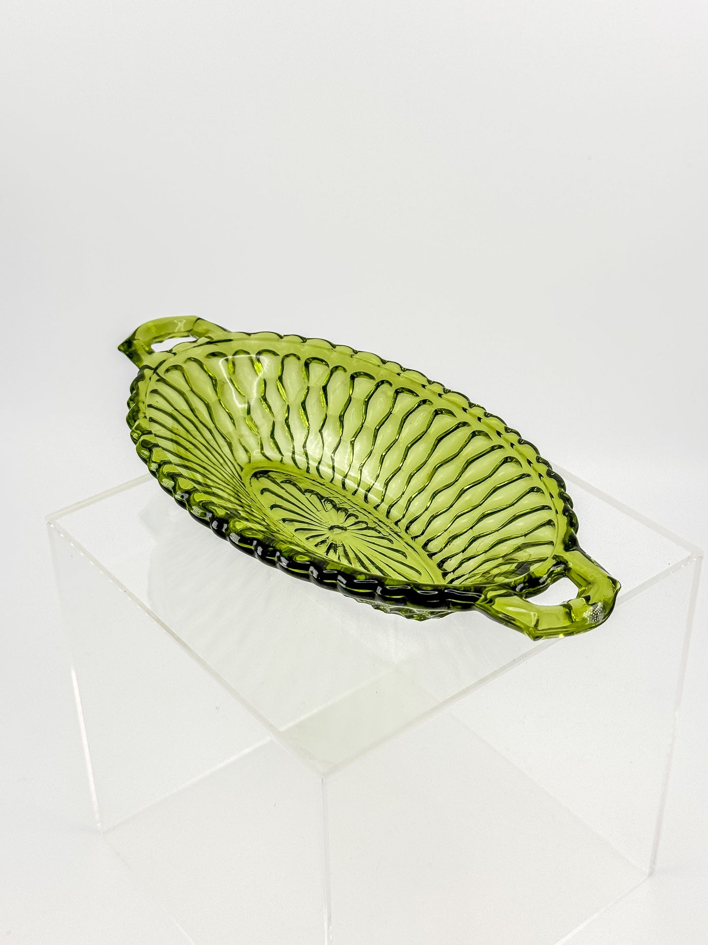 Vintage Indiana Glass Avocado Green Handled Relish Dish — Honeycomb Pattern