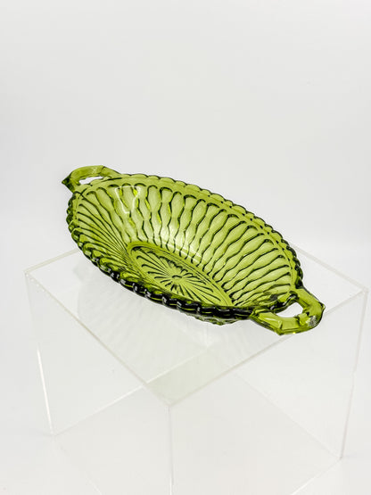 Vintage Indiana Glass Avocado Green Handled Relish Dish — Honeycomb Pattern
