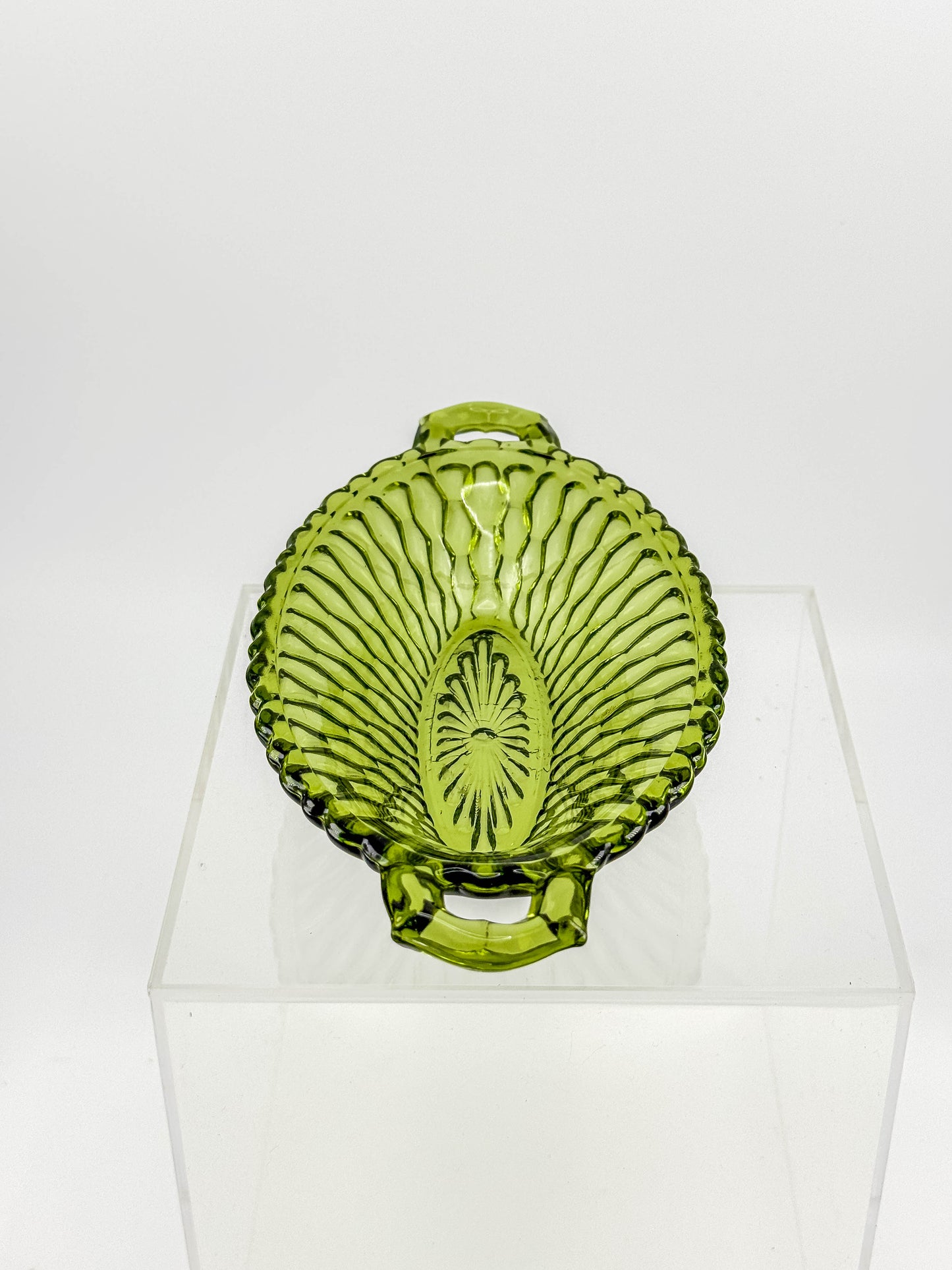 Vintage Indiana Glass Avocado Green Handled Relish Dish — Honeycomb Pattern
