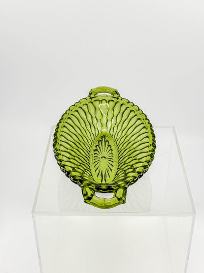 Vintage Indiana Glass Avocado Green Handled Relish Dish — Honeycomb Pattern