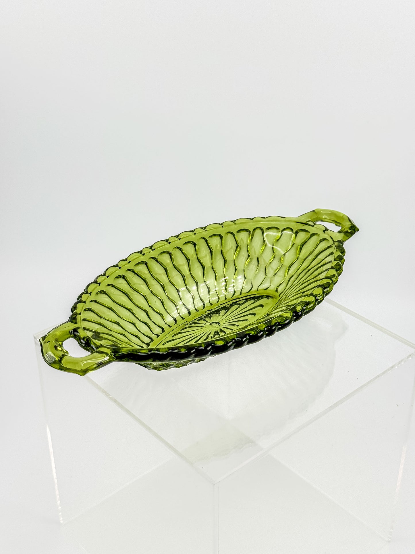 Vintage Indiana Glass Avocado Green Handled Relish Dish — Honeycomb Pattern