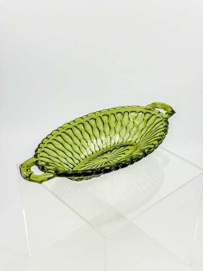 Vintage Indiana Glass Avocado Green Handled Relish Dish — Honeycomb Pattern