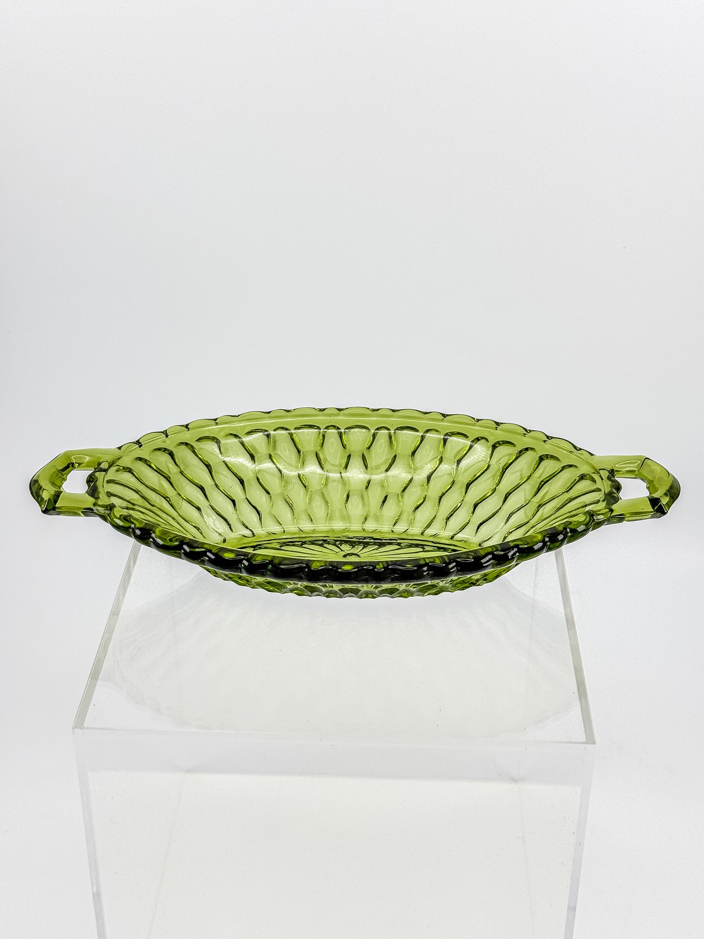 Vintage Indiana Glass Avocado Green Handled Relish Dish — Honeycomb Pattern