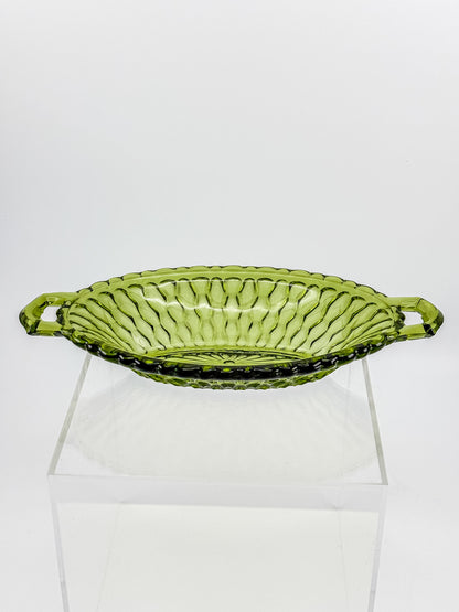 Vintage Indiana Glass Avocado Green Handled Relish Dish — Honeycomb Pattern
