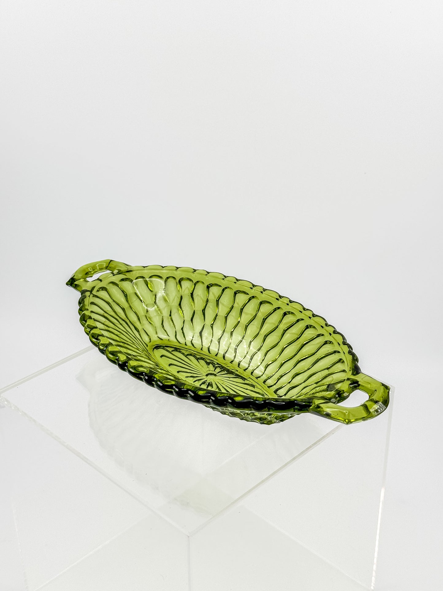 Vintage Indiana Glass Avocado Green Handled Relish Dish — Honeycomb Pattern