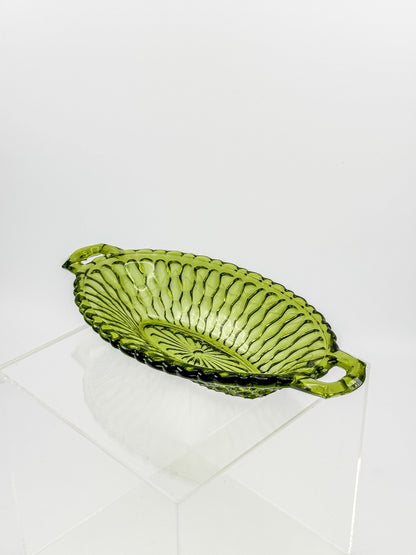 Vintage Indiana Glass Avocado Green Handled Relish Dish — Honeycomb Pattern
