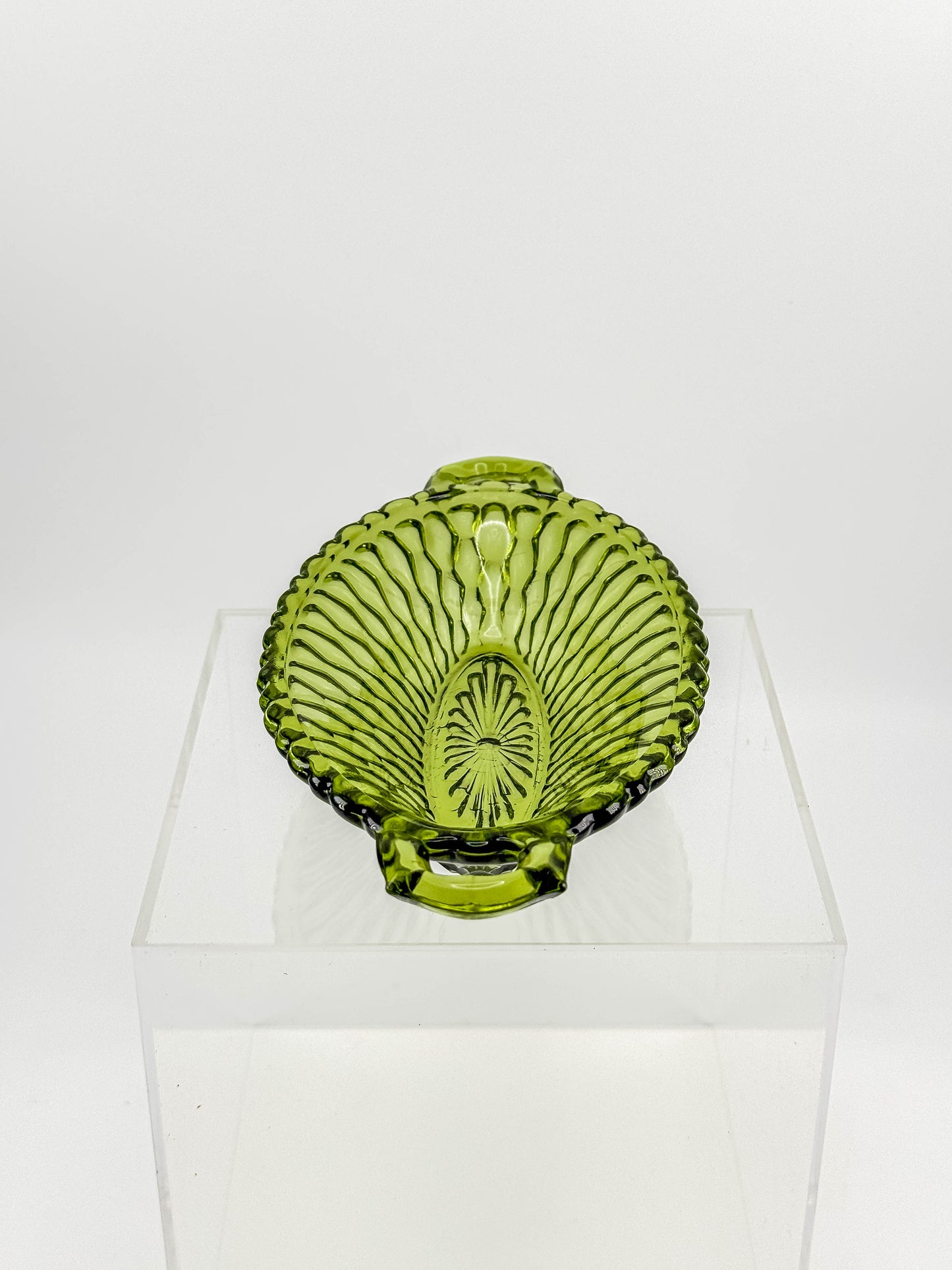Vintage Indiana Glass Avocado Green Handled Relish Dish — Honeycomb Pattern