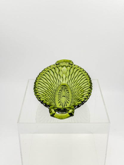 Vintage Indiana Glass Avocado Green Handled Relish Dish — Honeycomb Pattern
