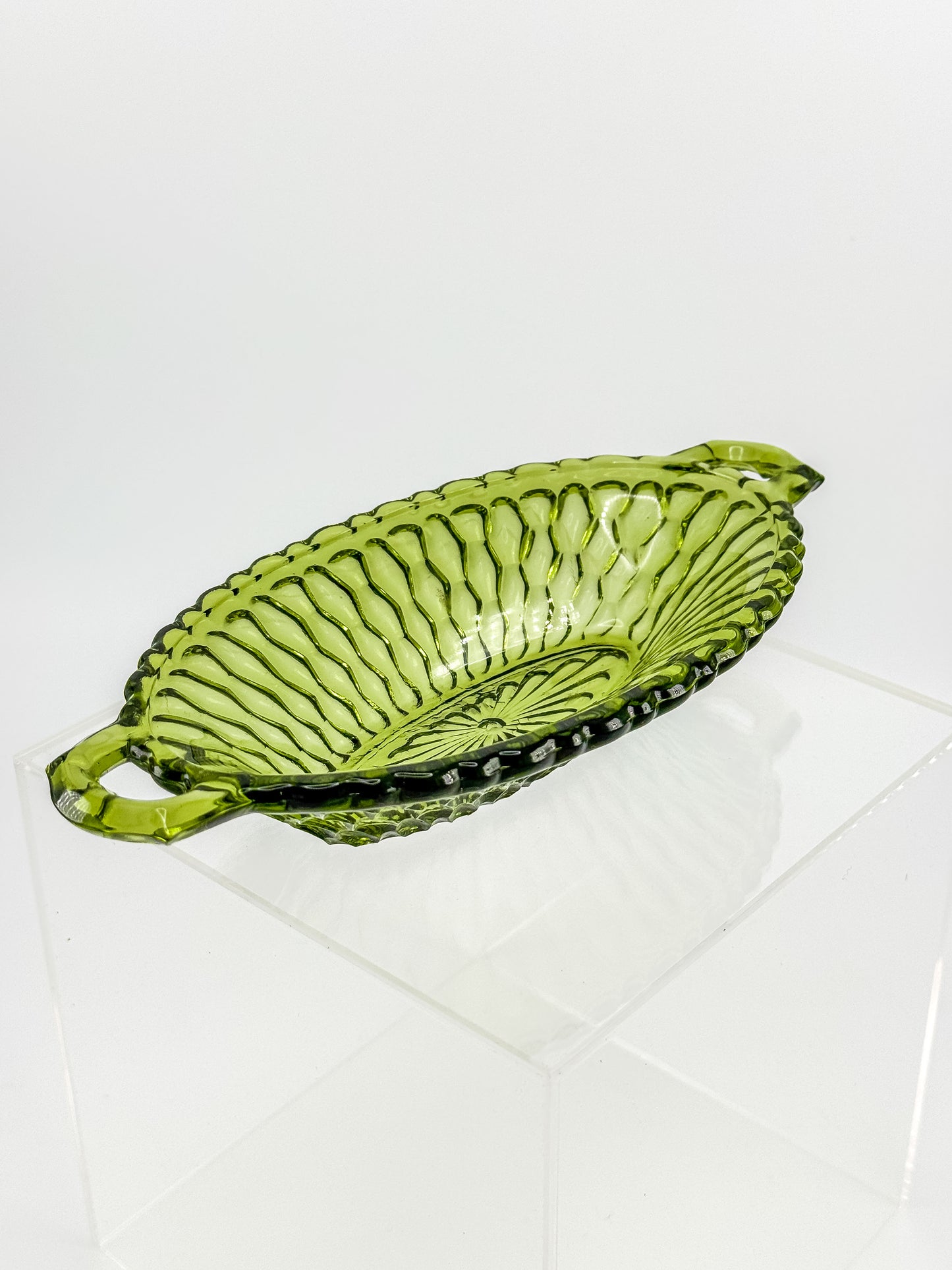 Vintage Indiana Glass Avocado Green Handled Relish Dish — Honeycomb Pattern
