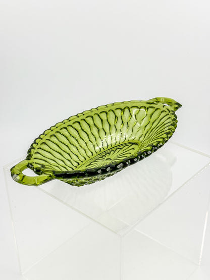 Vintage Indiana Glass Avocado Green Handled Relish Dish — Honeycomb Pattern