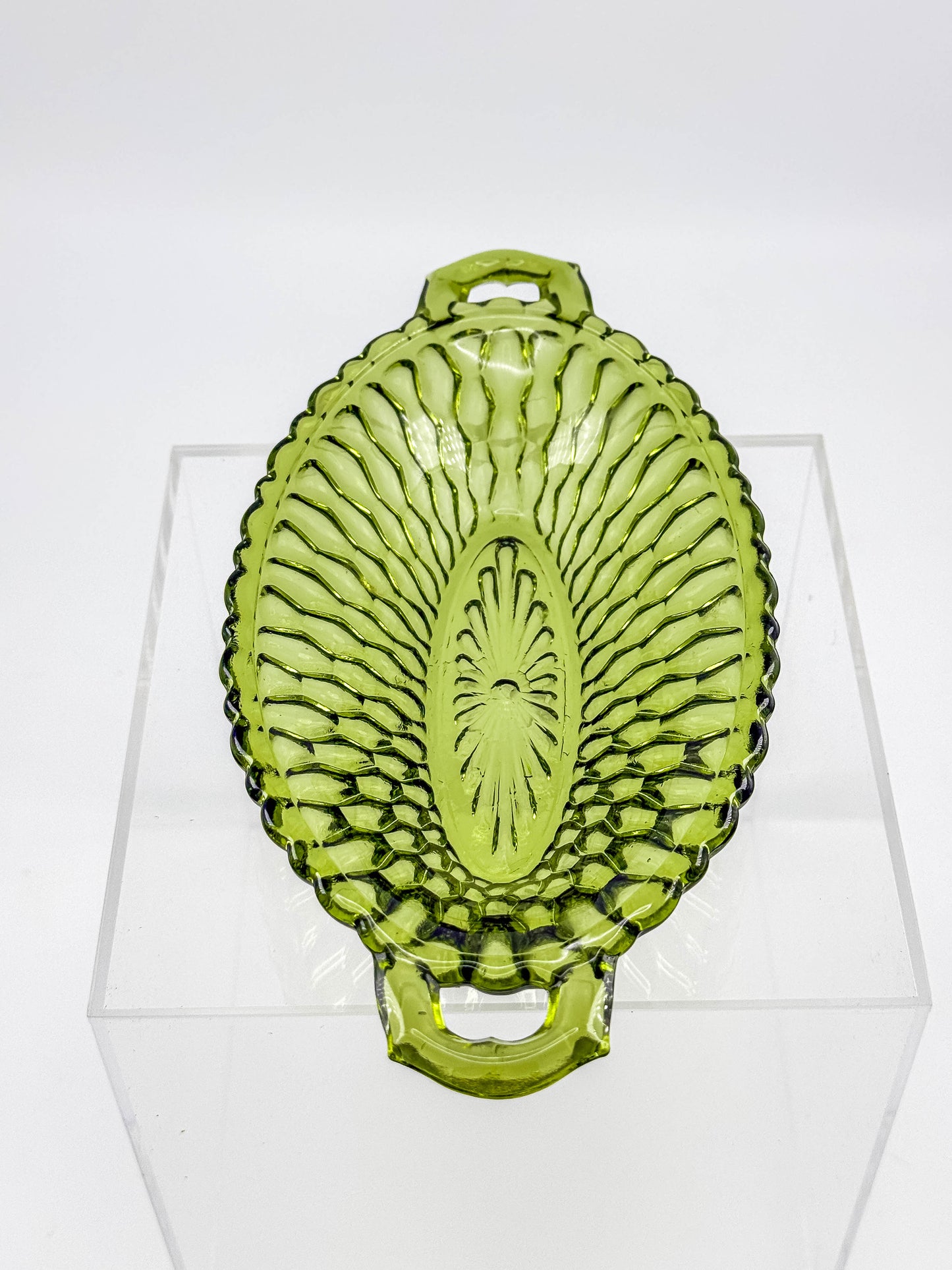 Vintage Indiana Glass Avocado Green Handled Relish Dish — Honeycomb Pattern