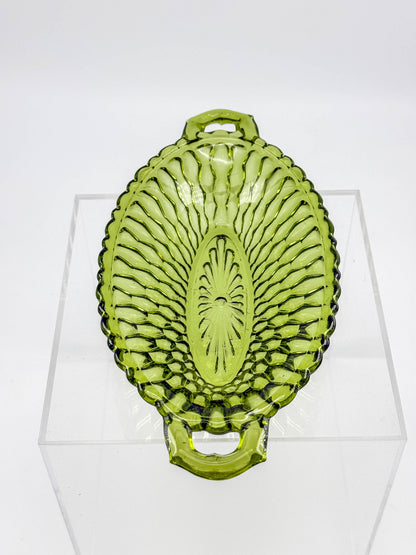 Vintage Indiana Glass Avocado Green Handled Relish Dish — Honeycomb Pattern
