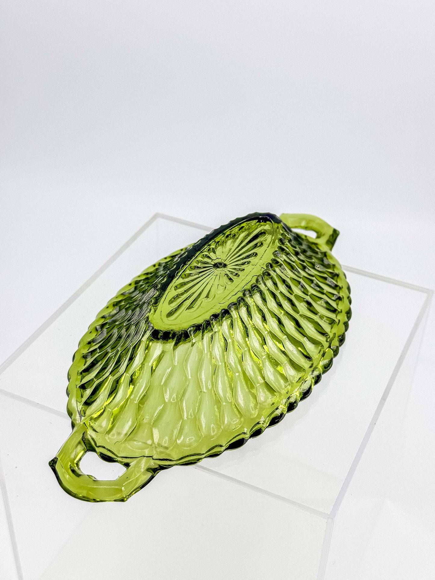 Vintage Indiana Glass Avocado Green Handled Relish Dish — Honeycomb Pattern