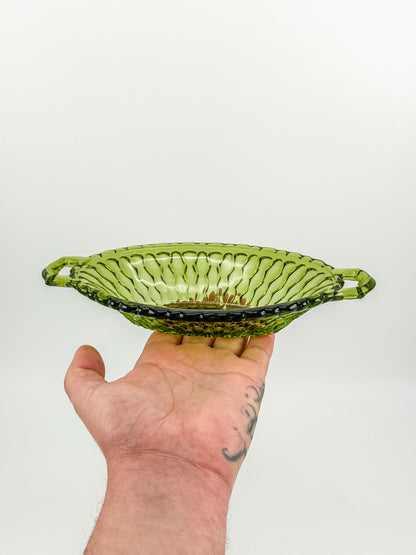 Vintage Indiana Glass Avocado Green Handled Relish Dish — Honeycomb Pattern