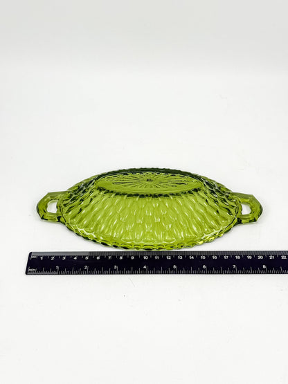 Vintage Indiana Glass Avocado Green Handled Relish Dish — Honeycomb Pattern