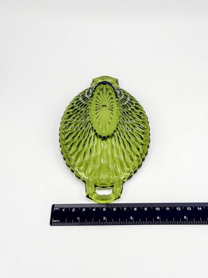 Vintage Indiana Glass Avocado Green Handled Relish Dish — Honeycomb Pattern