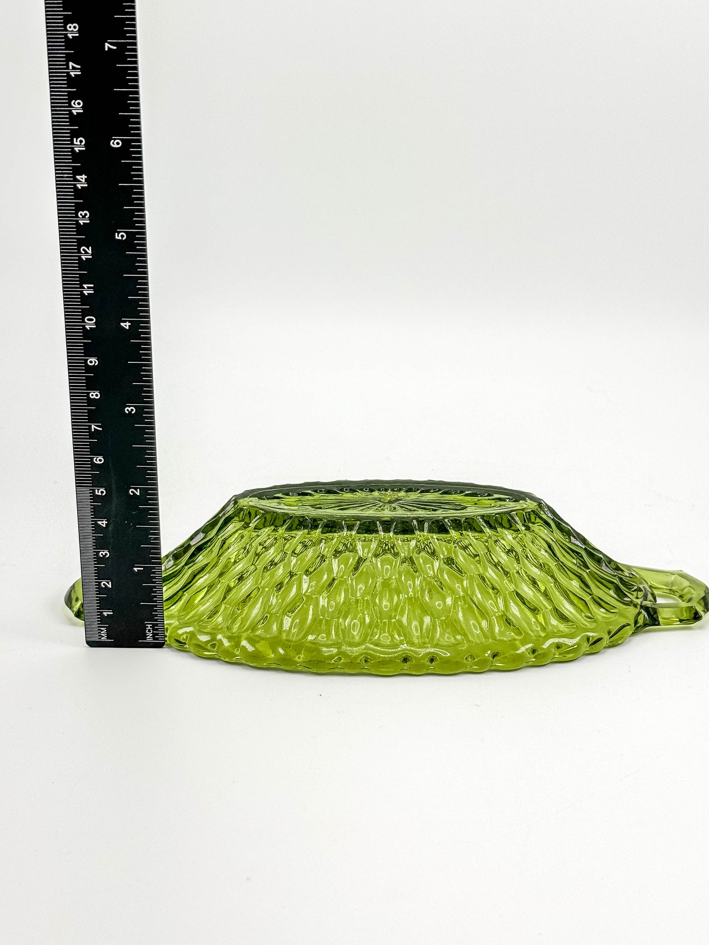 Vintage Indiana Glass Avocado Green Handled Relish Dish — Honeycomb Pattern