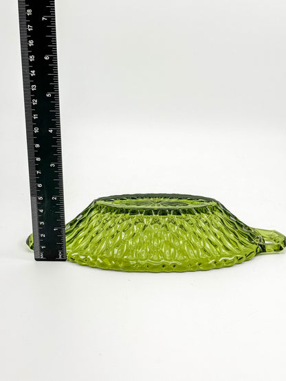 Vintage Indiana Glass Avocado Green Handled Relish Dish — Honeycomb Pattern