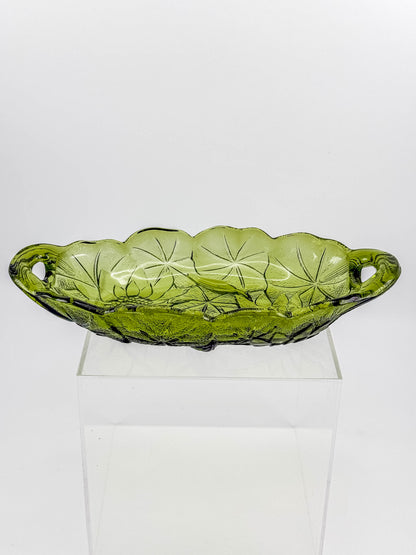 Vintage Indiana Glass Avocado Green Oval Relish Dish — Lily Pons Water Lily Pattern