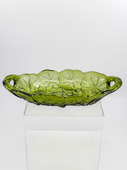 Vintage Indiana Glass Avocado Green Oval Relish Dish — Lily Pons Water Lily Pattern